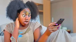 baffled black lady at home holding cellphone