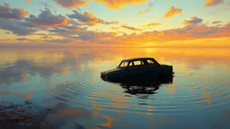 Realistic oil painting of a car submerged in shallow water, reflecting the vibrant colors of the sky, by Thomas Moran and Frederic Edwin Church, (long shot), intricate details of ripples and reflections, peaceful yet eerie atmosphere.