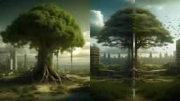 the last tree on earth, portal to a space near the tree on the left, on the right city of the future year 4222, very realistic,