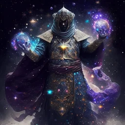 The Muslim commander in a battle dress made of galaxies and stars with a glove that has seven endless stones with a powerful army behind him