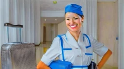 housekeeping smirking while taking baggage