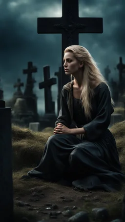 photorealistic hyperdetailed young woman with dirty blonde hair crying kneeling by a grave with a wooden cross dark fantasy