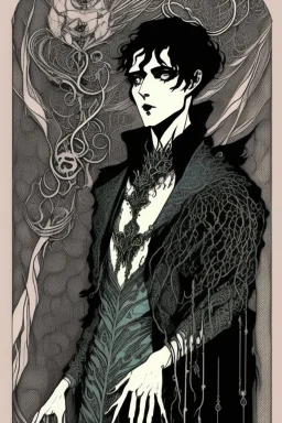 black haired young man necromancer wizard with gothic jewelry and tentacle fingers in the style of Harry Clarke