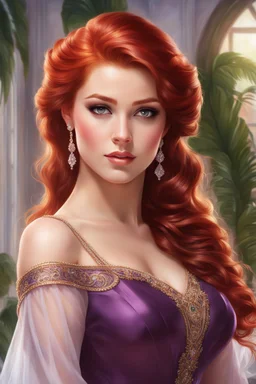 elegance, beautiful woman, 18 years old,front view, tiny, luxuriant, center, single luxuriant purple dress, red hair, render indoor palm, white background,32k, ultra high definition,realistic, white background, clipart, thomas kinkade, blushing, masterpiece, unique, breathtaking, Best Artist, Cinematography, Soft Lighting, Cute and well loved, Creative, Ultra detailed