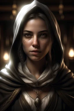 portrait of a beautiful female young paladin, messy braided ashen hair, pale grey eyes, white pale skin, shy, dressed in an ornameted revealing armor, wearing a black cape with a hood, standing in a tavern, realistic, dim lighting, ocult, petite, cinematic lighting, highly detailed face, very high resolution, looking at the camera, centered