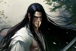 a man with long black hair and a sword looks in an arrogant and distant way, fantasy, attractive,