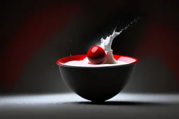 a highly detailed cinematic photograph of a single small red ball falling down in a black bowl of milk