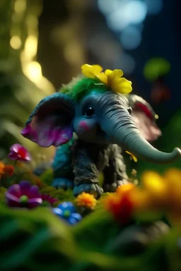 portrait of cute fluffy camo toy elephant jewelry in the room holding weird flowers in his trunk in the style of pixar, on a strange planet with weird colors and waterfalls, bokeh like f/0.8, tilt-shift lens 8k, high detail, smooth render, down-light, unreal engine, prize winning