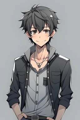 Black anime male, teenager body, short messy hair, black eyes, black jeans, relaxed smile, no bangs, straight hairline