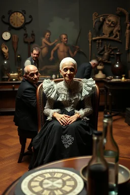 Persons flash photo, 1980 horror movieshot, sitting on a chair, table, bottle, eaging, dine, odd objects in background, persone con sorriso falso e occhi grandi, tenebroso, macabro, interno museo, fiotti di liquido nero che zampillano, hypermaximalist, Hieronymus Bosch style, strangeness, sundial light, intricate, albero, hypnotic, very accentuated details of the dress and skin, eerily mysterious, artistic photo, shot on Hasselblad, sadness, follia