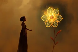 A panoramic mixed-media digital painting in a 3:1 format, filled with warmth and atmosphere. A silhouetted woman stands gracefully on the left, holding a large glowing lace flower made of delicate cream and