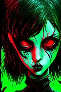 Comic book art style black lamb with red eyes, contrasting green meadow, cartoonist, digital portrait, dark fantasy, black iridescent skin, holographic, shiny, PVC texture, wet look, anime, gothic