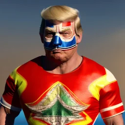 Realistic image of Donald trump wrestler, Mexican wrestling style, Mexican wrestling mask for eyes, red and blue breeches, glow us flag dress, suspenders, retro style, 80s, vibrant color, highly detailed, sky background, concept art, unreal engine 5, god rays, ray tracing, RTX, lumen lighting, ultra detail, volumetric lighting, 3d, finely drawn, high definition, high resolution.