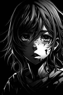 sad, black & white, disfigured anime girl with black background