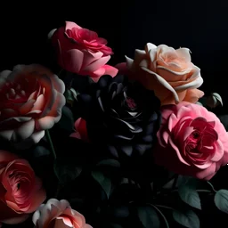 Caravaggio lighting, Flowers, black roses, nature, color palette, black and soft pink, background, roses, caravaggio lighting