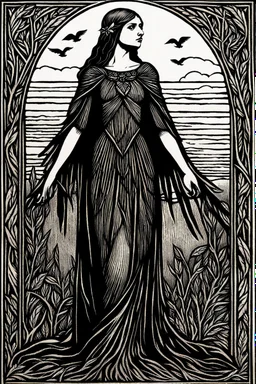 create a deeply powerful tragic, heart wrenching, and evocative, full body woodcut of a raw and weathered raven maiden girl with highly detailed and deeply cut facial features, in the style of EDWARD BURNE-JONES, and KATHE KOLLWITZ , searing lines and forceful strokes