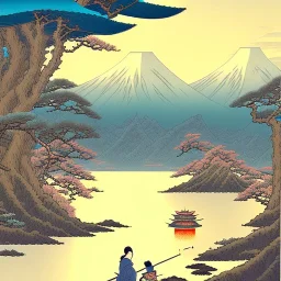 Ukiyo-e styled art, stream, mountain, sun, family on a boat