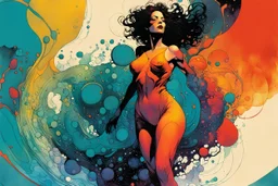 create a wildly abstract and chaotic full body illustration of an amorphous woman utilizing fluid organic shapes, in the comic book art style of Bill Sienkiewicz, Mike Mignola, and Jean Giraud Moebius, finely textured, drawn, colored, and inked