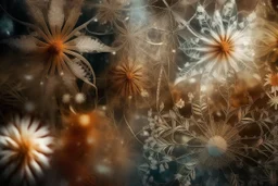 snowflakes, flowers, blur 5%, double exposure, merged layers, silver glitters, in the first part (near to us) of the picture you can see a plain sandblown smoked glass, engraved with a folk art pattern, the glass is cracked in several places, in some places the glass is broken, crumpled burlap, through it you can see a tropical rainforest with a waterfall, mist, tooth, sunrise