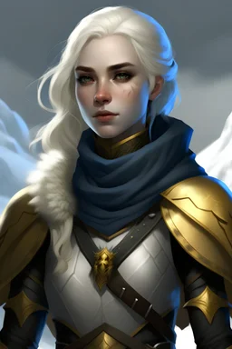 A portrait of a dnd character. it is a pale and tall women with golden-white hair. her face and bodytype are not typically female but rather almost male. her eyes glimm blue-golden. she stands in a snow landscape. her clothes are black and grey. she wears an armor. the armor is also black.