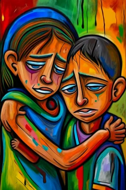a girl hug her brother and both crying sadly, expressionism, Pixar style, in abstract art Basquiat, Picasso, Miro, Kandinsky, Klee, Birell, Fairey, Ardon, Buffet aand Picasso style, HD --s 750 --v 5.1 --style raw, water color