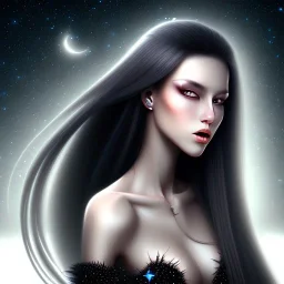 lady with long black hair and black eyes short under the Stars