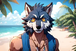 The beautiful and perfect portrait is on the tropical island, anime, anthropomorphic wolf, a male character on the beach for the magazine, 8K resolution, high quality, ultra graphics, and detailed with lines.