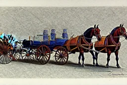 Fiacre, landauer carriage with two horses in Vienna. Pencil sketch. Old paper. Colours