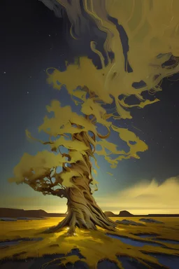 painting of a dark cypress tree in the foreground and a swirling, starry sky in the background, with thick brushstrokes of yellow and white creating movement. The town below is in muted blues and greens, with a large yellow building, and a low-hanging moon casting a yellow glow.