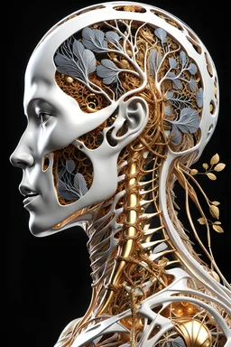 3D rendering of Expressively detailed and intricate of a hyperrealistic “human anatomy”: side view, scientific, single object, glossy white, shinning gold, vines, tribalism, black background, shamanism, cosmic fractals, octane render, 8k post-production, detailled metalic bones, dendritic, artstation: award-winning: professional portrait: atmospheric: commanding: fantastical: clarity: 16k: ultra quality: striking: brilliance: stunning colors: amazing depth