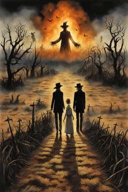 Modern horror Movie poster for text "BLACK LUNG HAY FEVER" by Drew Struzan, author text "S.E. CASEY", small dusty midwester farm town set barren field afire to exorcise the spirits of two sinister scarecrows whose profiles can be seen in the distance in an X shape, eerie, uncanny, ghastly surreal horror, digital collage art. photo layering effect, dramatic, text "BLACK LUNG HAY FEVER"