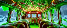 buss driving through a hollow candy cane tube filled with green slime