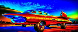 A national geographic award winning photograph of a military fighter jet station wagon wasp hybrid designed by volkswagen only one vehicle per image painted metallic orange traveling at a high rate of speed, jet intake off of front center of vehicle and jet exhaust out the rear with bright blue flame