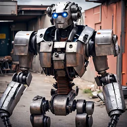 trash mech suit, human-sized, made of scrap metal, small, cockpit