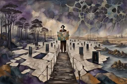 face to the camera in midle one alone human figure with a big map his hands in weird whimsical clothes stands on thin weird bridge , weird whimsical landscape, forest, and Sahara water and rocks,, around surreal cracked painted weird land with some black doors. dark purple, gray, black, white, brown. Whimsical style of Chagall , of Minjae Lee and Anton Semenov, lonely with absurd beauty. broken, weird bizarr,e absurd nightmare, neuron network background, surreal vibe