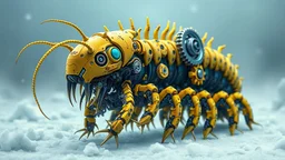 A hyper-realism fusion of organic and Neumorphism elements, depicting a fully blue yellow centipede mecha-larva. Its intricate mechanisms are driven by interlocking gears and complex mechanical teeth embedded throughout its massive frame. The larva's mane is ingeniously replaced with a rotating gear system, amplifying its cybernetic presence. With hyper-techno aesthetics, it prowls silently through the dense, mist-laden snow ice land