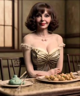 Ultra realistic photographic portrait, happy Gina Lollobrigida woman sitting with arms resting on Italian kitchen table, ravioli dish, renaissance style decoration, soft color, highly detailed, unreal engine 5, ray tracing, RTX, lumen lighting, ultra detail, volumetric lighting, high definition.