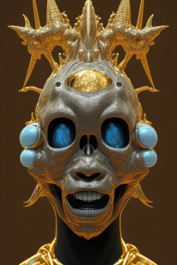 black male African alien, cracks in the voodoo head, wicked, diamond eyes, crown, blood, 8k, finely detailed, photo realistic, Boris Vallejo style turquoise skull head gold dragon space alien rain skeleton gold tooth silver helmet silver space suit spaceships