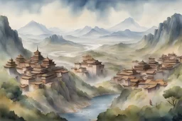 fantasy watercolor painting of large walled village with Mongolian empire architecture in a forested river valley surrounded by wooded hills with a vast plain in the distance