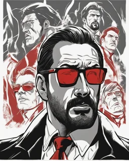 a young man with big muscles who looks like hans gruber wearing a heavy coat and red sunglasses staring with an irritated look on his face