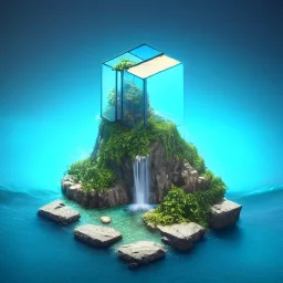 The Isometric Glass Tall Box Mini Model Little Real Island Mixed Water Fall Under Ocean Sunshine Summer Background Blue Sea, The Last Of Us / Avatar, Octane Render / ZBrush, Cinematic, IMAX Film, Nikon D750, 16K, Autostereoscopy, Anthropomorphic, Golden Ratio, Geometry, Symmetric, Depth Of Field, Highly Detailed, Ultra Realistic, Beautiful Lighting, Halfrear Lighting, Soft Light, Candoluminescence, Cast Shadow, Reflective, Glow, Translucent, Normal Map, Carbonated --testp