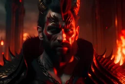 4k full details, full realism, lights maximum, Portrait roi demon conquérant cyberpunk, cheveux noirs, barbe, yeux rouges, porte une couronne en feu, bâtiments union européenne en feu arrière plan