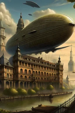 Describe a World War I-era castle with flying zeppelins overhead. Highlight the castle's historical importance and the city's war-torn appearance, including anti-aircraft defenses and military bases. Capture the zeppelins' presence and their impact on the city's atmosphere, illustrating the wartime setting and strategic significance