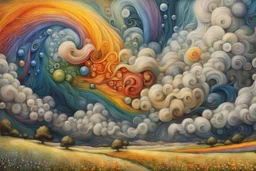 collaboration between Salvador Dali, Vincent Van Gogh, and Jean Baptiste Monge. Swirling rainbow storm clouds over a vast field of long grass and plentiful flowers swaying in the winds. Modifiers: fantasy many rainbow bubbles photorealistic beautiful colourful cinematic postprocessing Van Gogh acrylic art pencil sketch quilling salvator dali Craig Rutkowski
