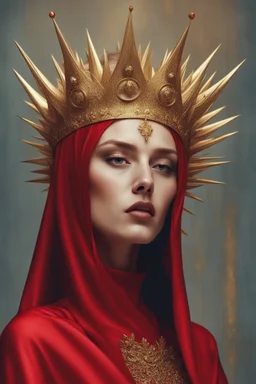 lady in red veils her face and has a large golden spiked crown, in the style of celestial fasion, otherworldly beauty, davide sorrenti, celestialpunk, album covers, fra angelico, aykut aydogdu, queencore, golden age aesthetics --s 750 --v 6. 0 --ar 10:13