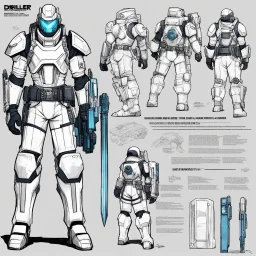 ConceptSheet for wii No More Heroes style with thick lines: sci-fi RPG Character Class Driller Character Class Concept [colour illustration by Dorohedoro] : hDrill Gauntlets, Plasma Cutter, Exo-Suit, Multi-Tool Utility Belt, a weapon and all the package of a high-tech explorer