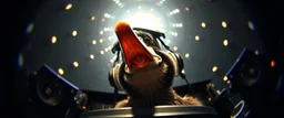 pinhole pic ,weird perspective close up portrait of dj platypus duck pilot looking down on cam, with background in the style of escher and giger, a chill contrapunctus fugue in the style of fsol, beethoven, goa trance breaks, dancefloor drum and bass,