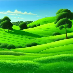 A green meadow with small hills painted by Frank Wilson