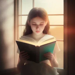 reading a book by the window studying girl, ultra detail, curl hair, realistic photo unreal engine, cinematic lighting --ar 1:1 creative