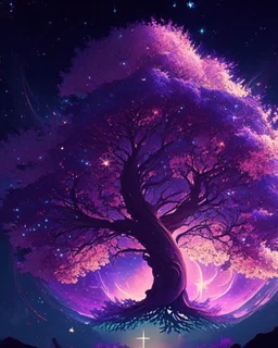 beautiful tree dissolving into sidereal space, anime style